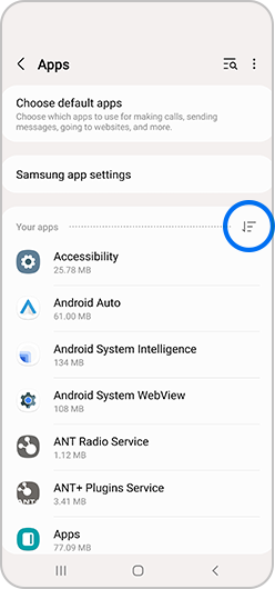 Filter icon selected in Apps section of settings menu