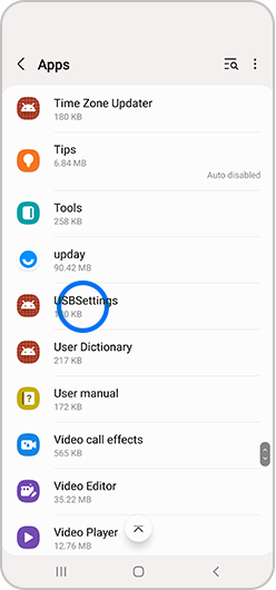 USBSettings selected in apps menu