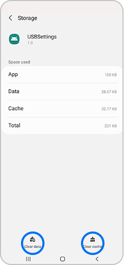 Clear data and Clear cache selected in Storage menu of USBSettings