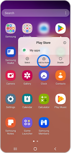 Add to home screen selected in apps settings menu