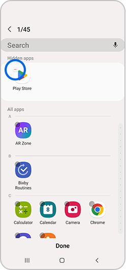 Play Store icon selected in hidden apps menu