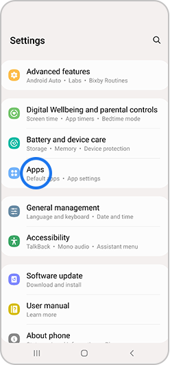 Apps selected in settings menu