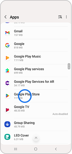 Google Play Store selected in apps menu of settings