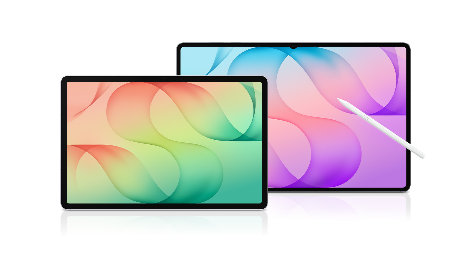 Front view of a Galaxy Tab S12+ in Silver. To the right is a Galaxy Tab S12 Ultra device in Gray facing forward, with the S Pen pointing at the screen.