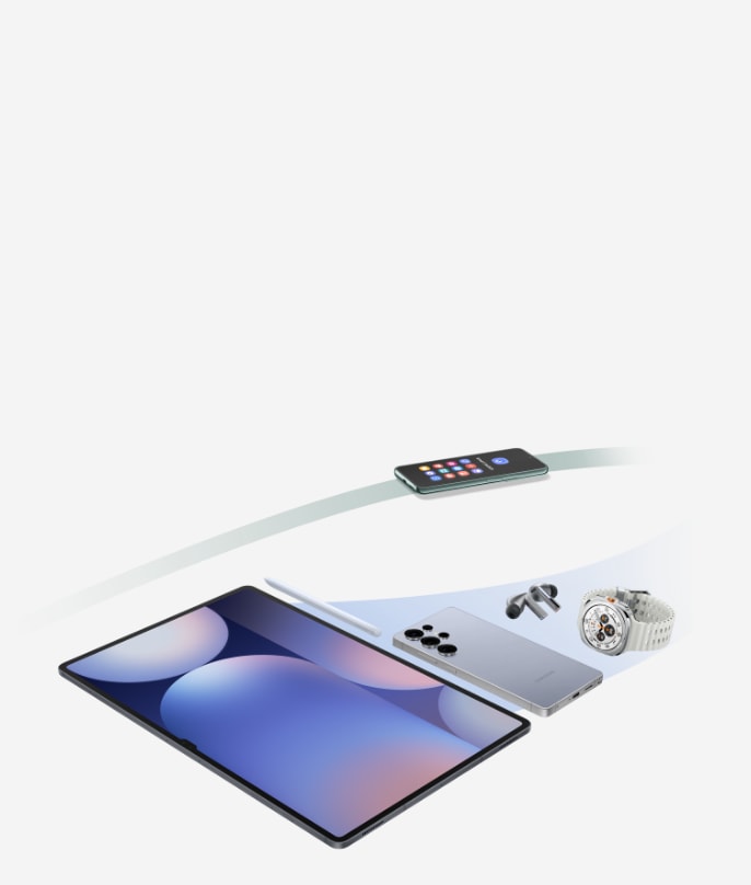 Two Galaxy S25 Ultra devices are shown alongside an S Pen, with another smartphone visible in the distant background.