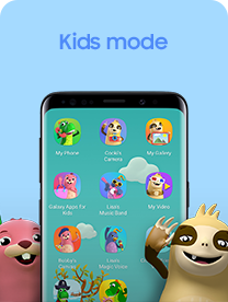 A Galaxy Smartphone displays a range of cartoon imagery with two animated characters next to it, to depict Samsung’s Kids Mode.