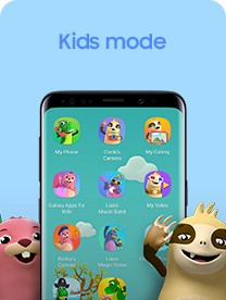 Galaxy Smartphone wyświetla szereg zdjęć z kreskówek z dwoma animowanymi postaciami obok niego, aby przedstawić tryb dzieci Samsunga