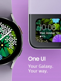 Uma foto parcial de um relógio de galáxia com uma tela floral aparece ao lado de uma foto parcial de um flip de galáxia com as mesmas imagens, para representar uma interface de usuário para todos os dispositivos Samsung