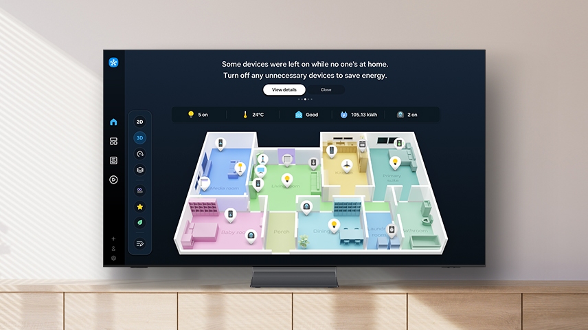 Smart home map view on TV. Some devices were left on while no one's at home. Turn off any unnecessary devices to save energy.