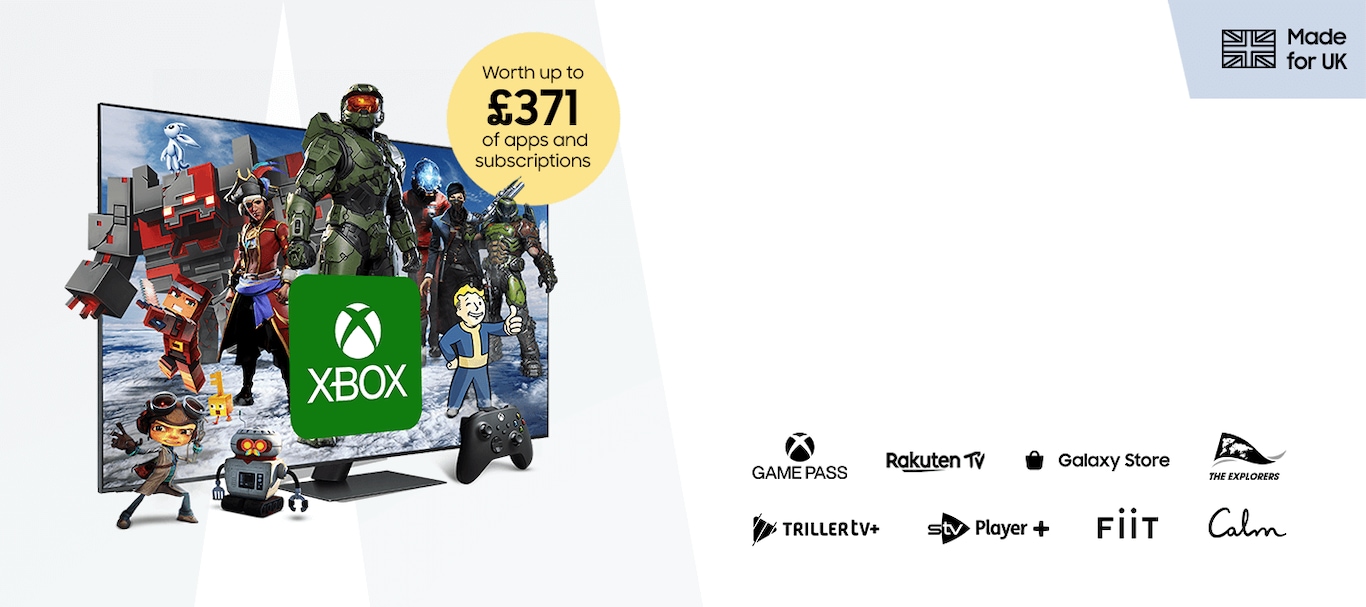 A Samsung TV sits on a cabinet against a wall. On the screen is an advert for a FC EA 24 Xbox game. At the bottom of the image is a black banner featuring logos for Game Pass, Apple TV+ and more.