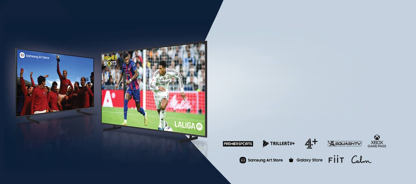 A Samsung TV sits on a cabinet against a wall. On the screen is an advert for The Substance on Mubi. At the bottom of the image is a black banner featuring logos for Game Pass, Rakuten TV and more.