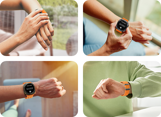 Four different shots of a user trying out Galaxy Watch Universal Gesture, including touching and looking at their watch.
