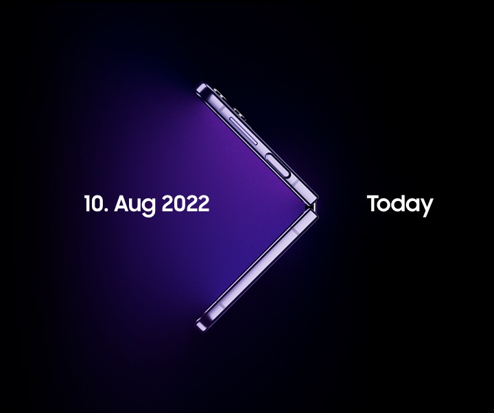 Galaxy Flip giving off a beam of pink light, promoting the Galaxy unpacked livestream 10. August 2022