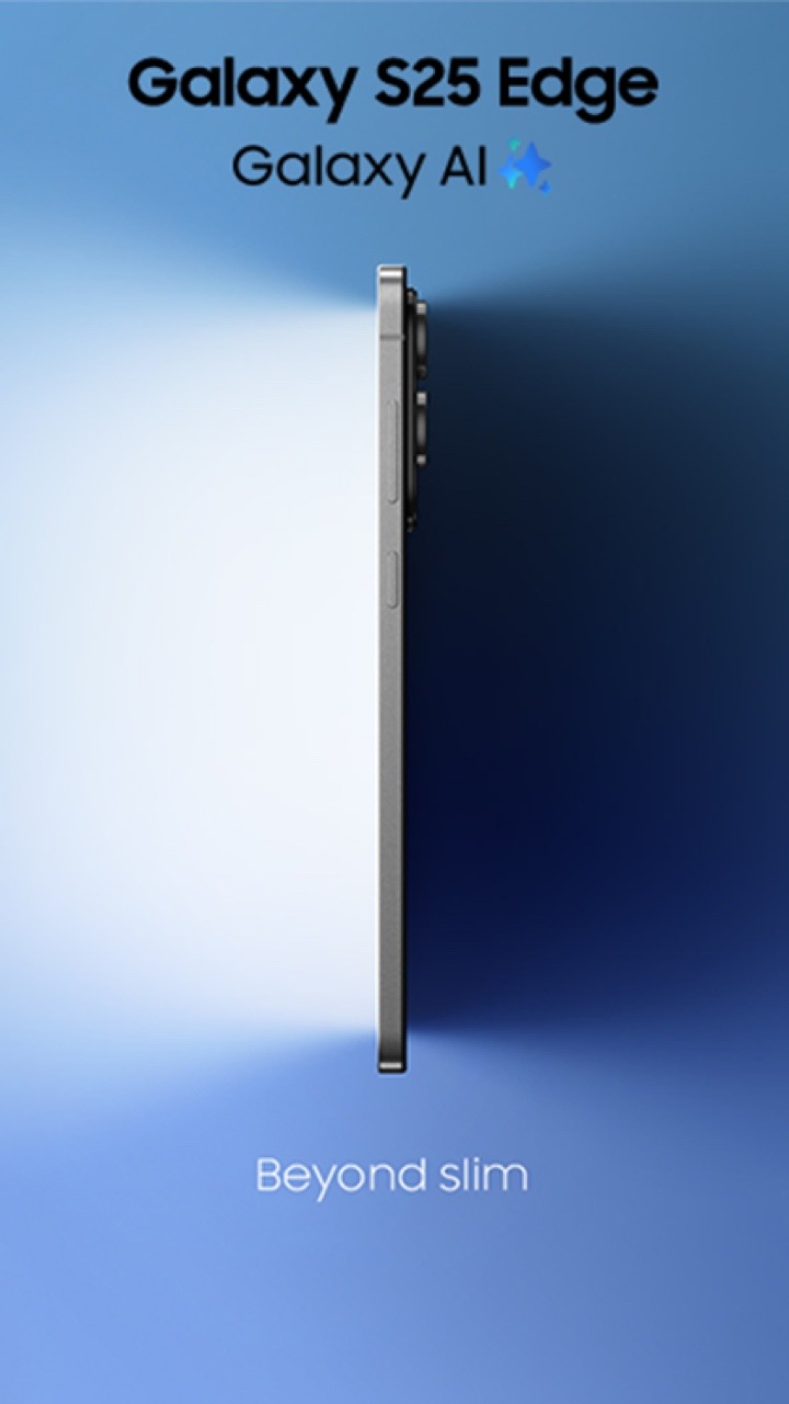 A product shot of the Galaxy S25 Edge, featuring a close-up on the rear camera modules.