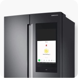 A Samsung refrigerator is angled to left slightly. On its screen shows an Accessibility menu.