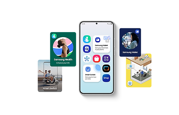 Lo smartphone Galaxy sta visualizzando icone di app e servizi diverse. Su entrambi i lati dello smartphone, le persone possono essere viste utilizzando dispositivi galassie e in pose associate alle app e ai servizi di Galaxy