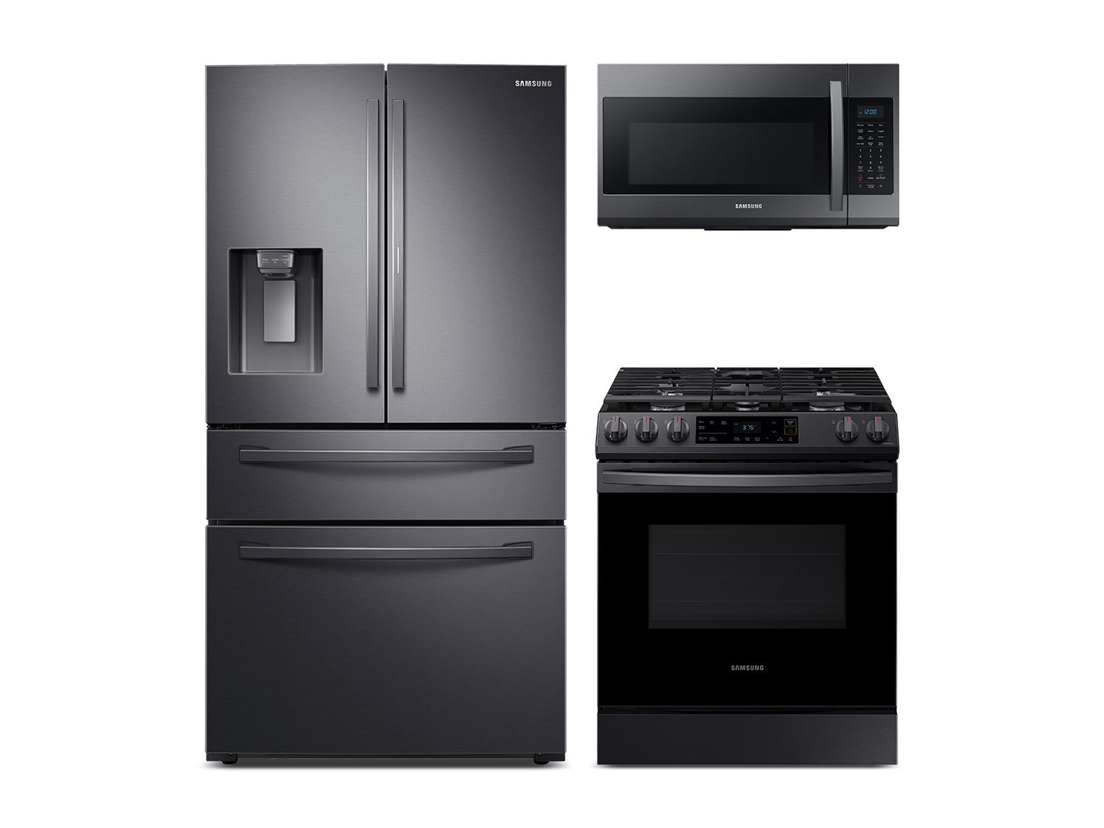 Food Showcase 4-Door French Door Refrigerator, Smart Slide-in Gas Range and Sensor Cooking Microwave all in Black Stainless Steel package