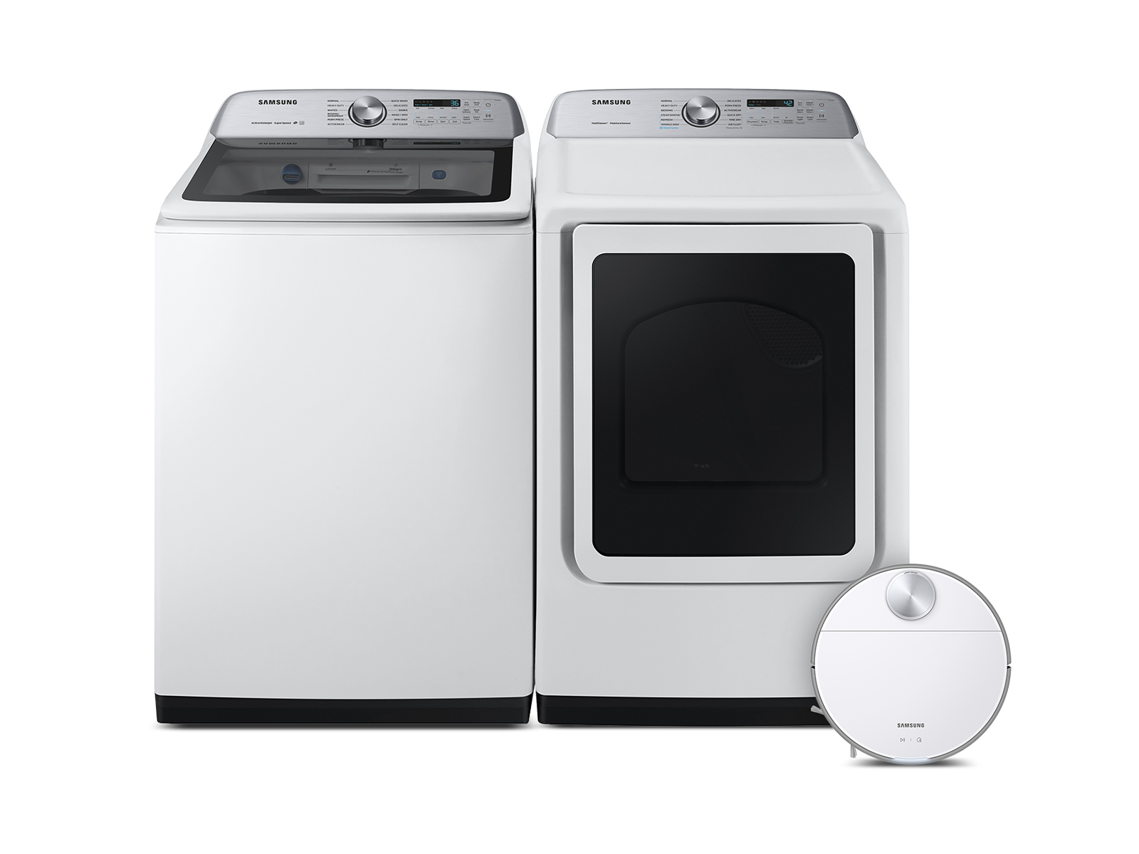 Photos - Tumble Dryer Samsung Super Speed Washer, Steam Sanitize+ Dryer and Jet Bot Robot Vacuum 