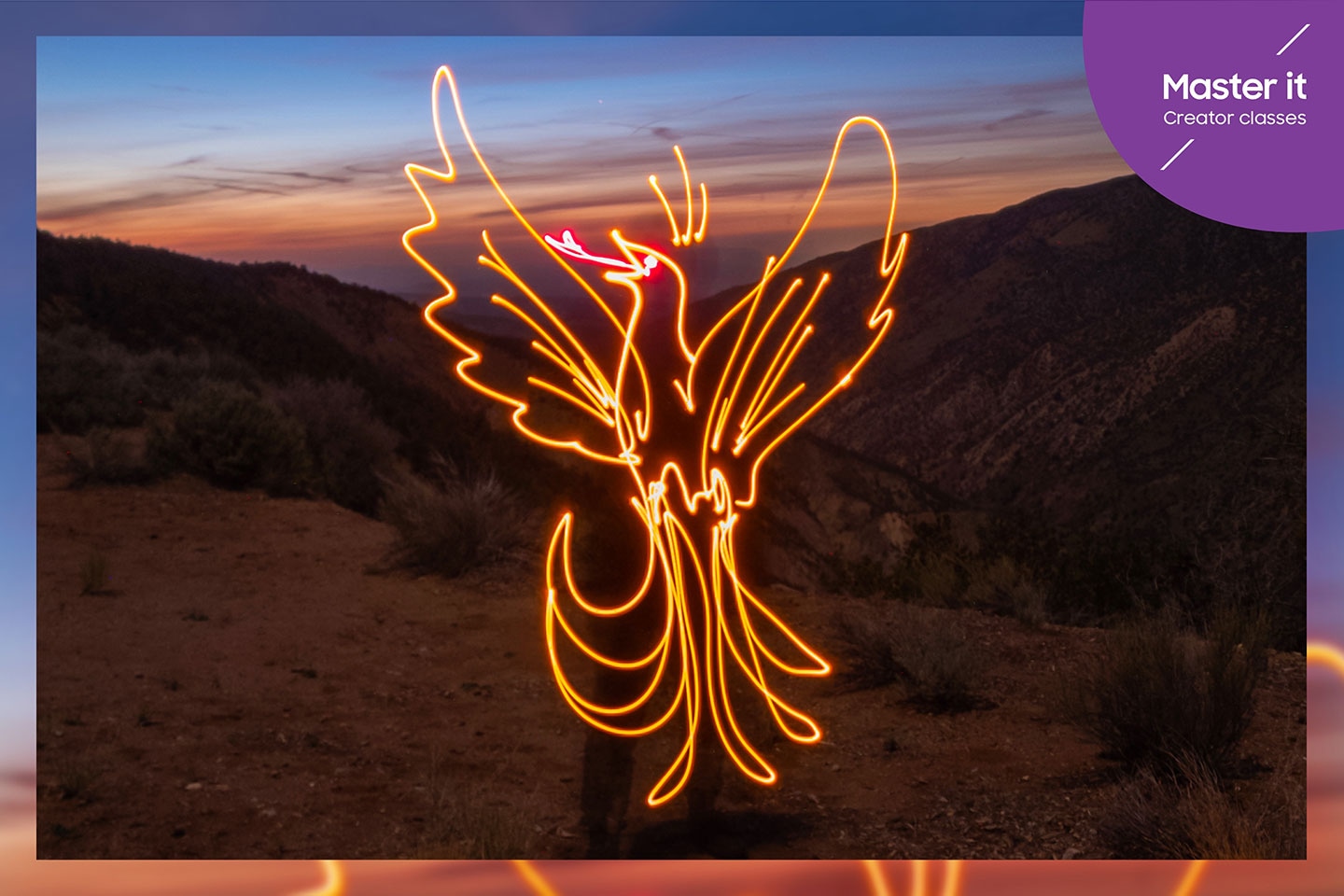 A man at sunrise makes a light painting of a rising phoenix in the air. Master it. Creator classes.