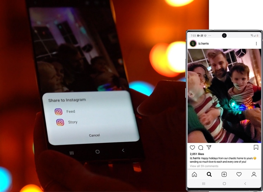 An in-phone view of the "share to Instagram" option on the Galaxy Note10. There are bokeh holiday lights in the background.