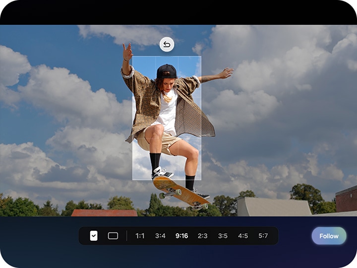 A video is being edited. My FanCam's subject-centered tracking shots frame one person jumping on a skateboard. The interface is dimmed except for where the person is selected. The interface includes aspect ratios to choose for cropping: 1 by 1, 3 by 4, 9 by 16, 2 by 3, 3 by 5, 4 by 5 and 5 by 7. A button says 'Follow'.