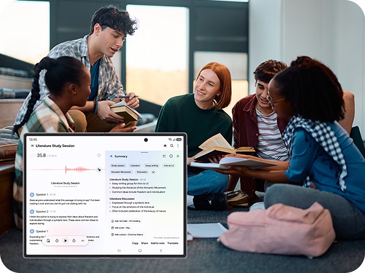 In the background, a group of students is gathered around holding books. In the foreground, the screen of an unfolded Galaxy Z Fold8 phone in Lavender shows a recording transcript and summary by Transcript Assist. 