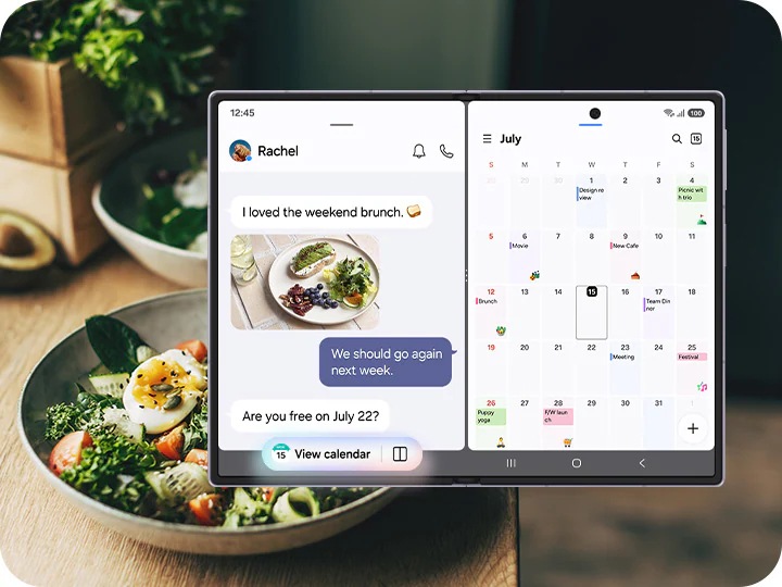 Galaxy Z Fold8 in Lavender unfolded and seen from the Main Screen in split view mode. On one side is the Messages app and people are making plans to meet up. Now Nudge suggests a View calendar prompt to save the details discussed in the conversation. The Calendar app is open on the other side of the split view.