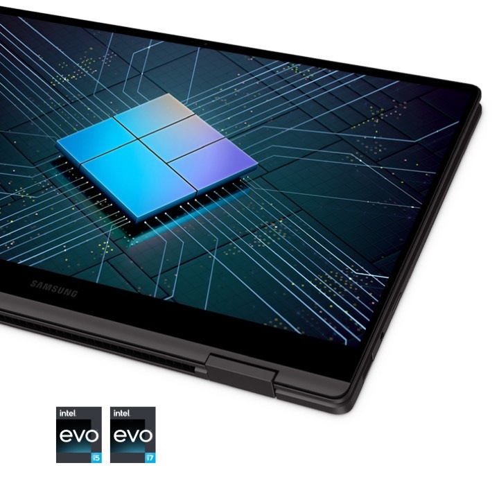 A graphite-colored Galaxy Book2 360 is folded like a tablet. Onscreen is a chipset with lines … #1