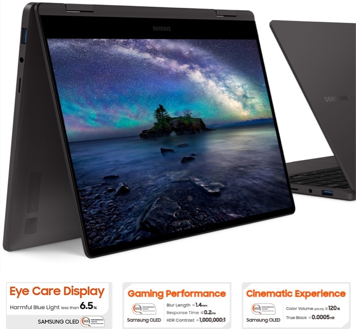 Two graphite-colored Galaxy Book2 360 devices are next to each other. One is standing up like a … #1