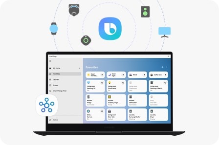 Una pestaña de favoritos del tablero de SmartThings está abierta en un Galaxy Book2 Pro. Un ícono de SmartThings está en la parte inferior izquierda del tablero. Encima de la pantalla hay un logotipo de Bixby en el centro. Bixby se puede usar para ejecutar SmartThings. A su alrededor, hay varios iconos de dispositivos controlables por Bixby, como Galaxy Watch, SmartTag, un robot aspirador, un altavoz y un monitor.