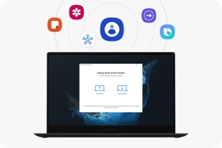 Galaxy Book Smart Switch se ejecuta en un Galaxy Book2 Pro. Hay dos íconos de una PC en la pantalla, cada uno con una flecha hacia arriba y hacia abajo con los textos Enviar datos y Recibir datos. Encima de la pantalla de Smart Switch hay varios íconos de aplicaciones Galaxy, como Contactos, Samsung Notes, Samsung Gallery, SmartThings, Quick Share y Bixby, a los que los usuarios pueden acceder todos a la vez mediante el inicio de sesión único.