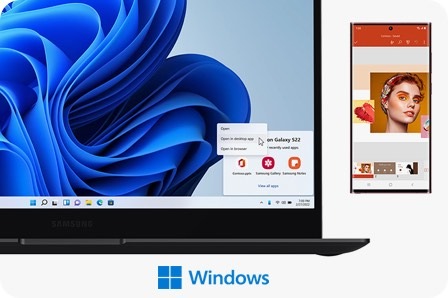 Un Galaxy Book2 Pro y un Galaxy S22 Ultra están uno al lado del otro. En la pantalla de la PC, hay un fondo de pantalla ondulado azul con una ventana Aplicaciones recientes desde el móvil en la esquina inferior derecha. Las aplicaciones recientes son PowerPoint, Samsung Gallery y Samsung Notes. El cursor del mouse está en el botón Abrir en la aplicación de escritorio en la pantalla de la PC. En un Galaxy S22 Ultra a la derecha, Microsoft PowerPoint está abierto con una diapositiva que tiene muestras de color, así como el rostro de una mujer con maquillaje colorido. Debajo, hay un logotipo de Microsoft Windows.