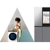 Image of a person sitting on a Bespoke AI washer looking at a mobile phone and an image of a Bespoke refrigerator with AI Family Hub™ and AI Vision inside™.