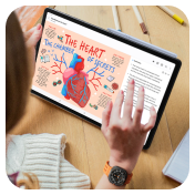 A lifestyle shot of a student using a Galaxy Tab to read a digital anatomy textbook.