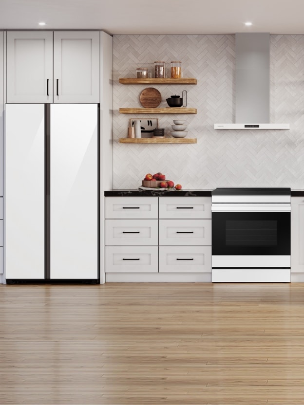 Samsung Bespoke Side-by-Side Refrigerator, Induction Range and Dishwasher in White Glass in a kitchen with off-white cabinets