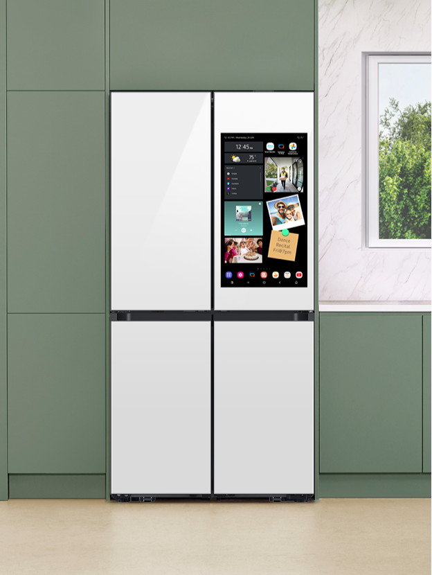 White Built-in Panel Refrigerator with Screen Among Custom Kitchen with Green Cabinets