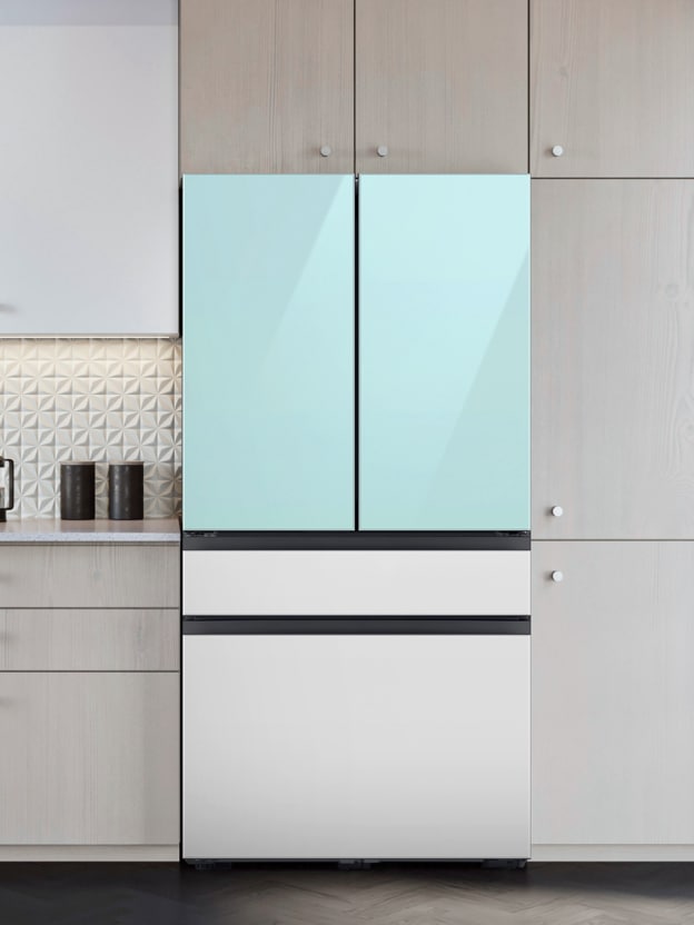 Samsung Bespoke 4-Door French Door Refrigerator in Morning Blue Glass and White Glass in a kitchen with light gray cabinets