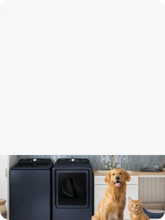 Dog and cat in laundry room with pet care washer and dryer in Brushed Navy