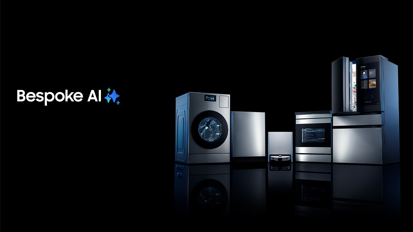 Group of home appliances, such as refrigerator, washing machine, robot vacuum, range and dishwasher, are standing side by side in dark background.