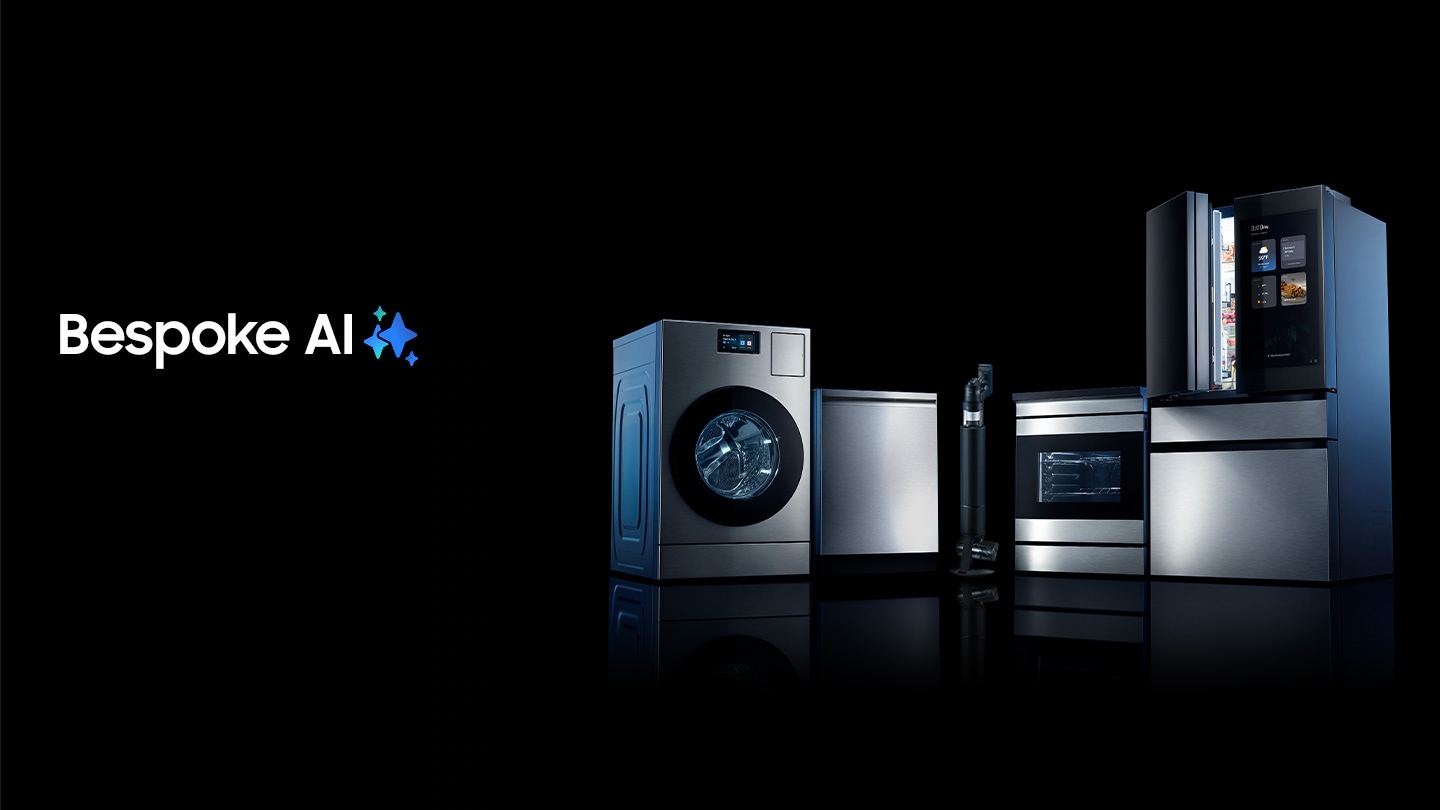 Group of home appliances, such as refrigerator, washing machine, robot vacuum, range and dishwasher, are standing side by side in dark background.