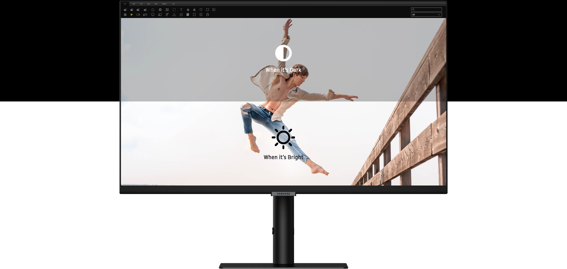 Monitor screen shows a man wearing an open shirt with his chest exposed and denim jeans, jumping in the air with his right arm in the air and left arm at a 90-degree angle creating a right angle shape. His right leg is bent and left leg is straight out with toes pointed while mid-air. To the right of the man is a wooden fence, all against a plain white background. It is overlaid with two boxes, with the top box being filled by a darker color. The top box is overlaid with the text “When it's dark” and the bottom box is overlaid with the text “When it's bright” to demonstrate the lighting adjustment capability of the monitor. The whole scene is superimposed within the bezels of the screen along with the monitor stand and base.