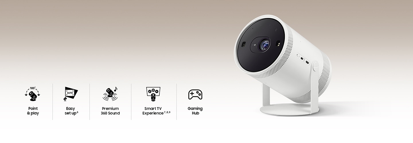 Close-up of The Freestyle. Icons for All Round Design 180°, Instant Setup AUTO, Premium 360 Sound, and Smart TV Experience.