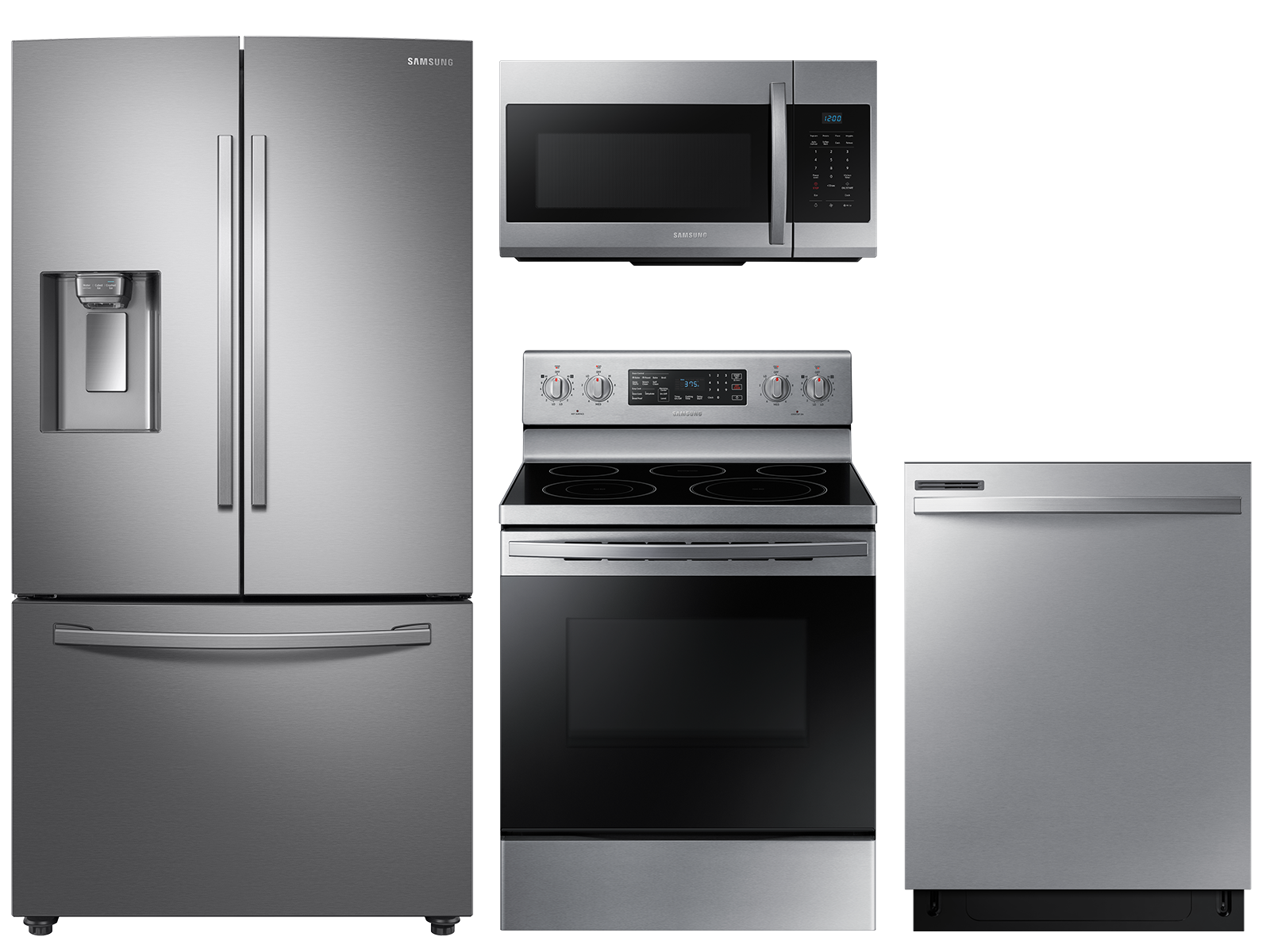 Large Capacity 3-door Refrigerator + Electric Range with Convection + 55 dBA Dishwasher + Microwave in Stainless Steel