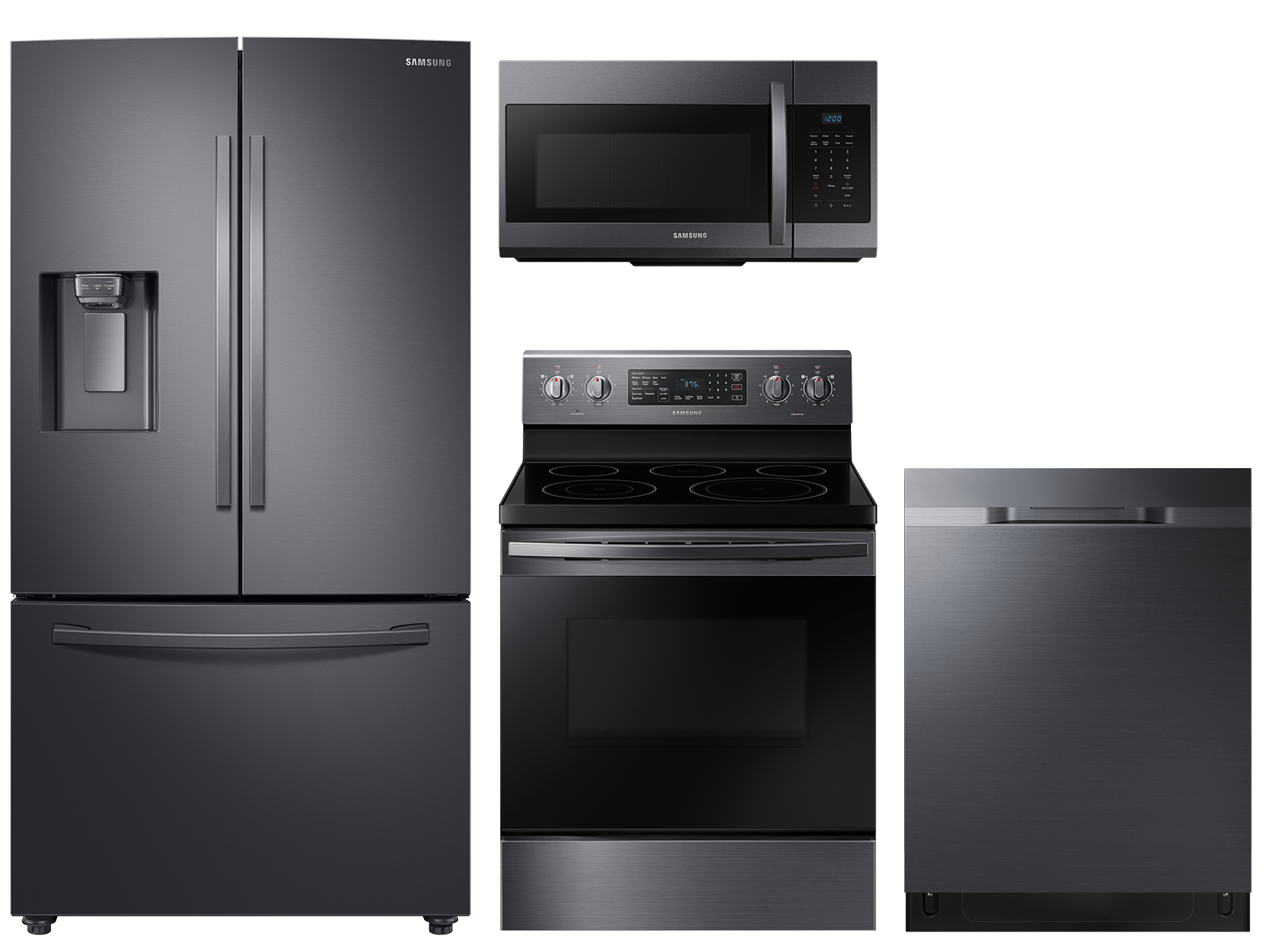 Large Capacity 3-door Refrigerator + Electric Range with Convection + StormWash™ Dishwasher + Microwave in Black Stainless