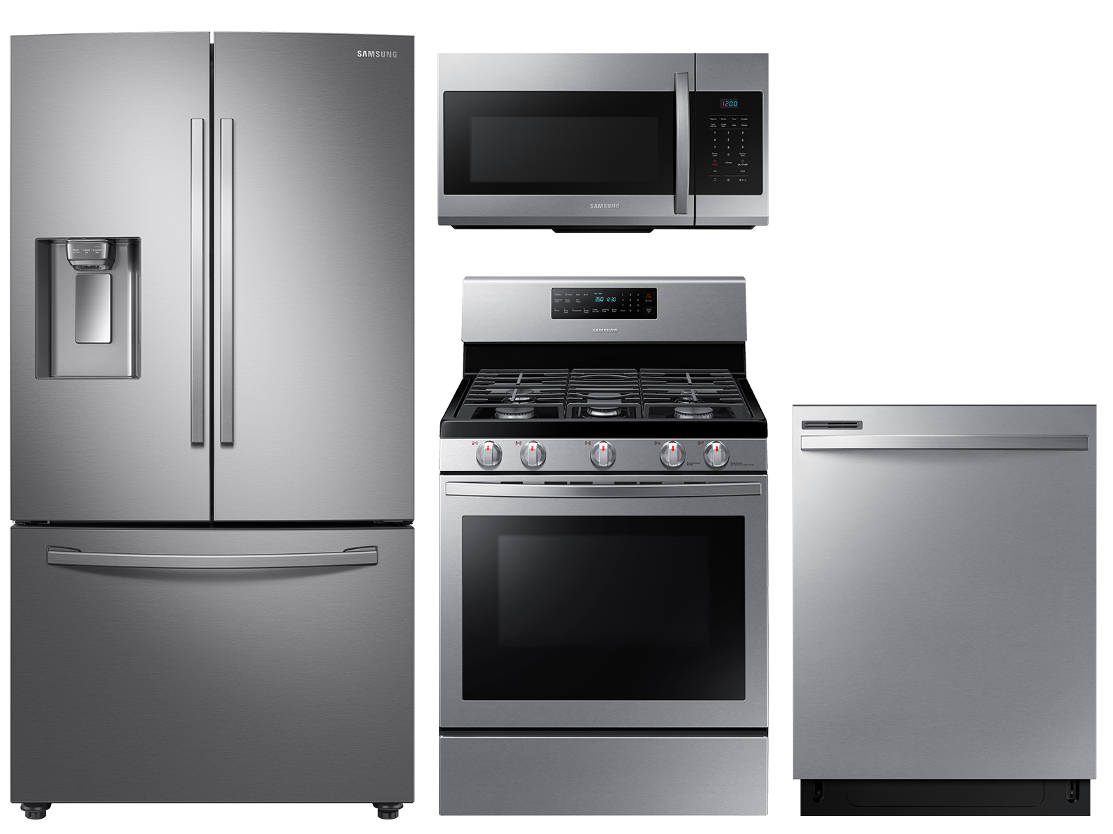 Large Capacity 3-door Refrigerator + Gas Range with Convection + 55 dBA Dishwasher + Microwave in Stainless Steel