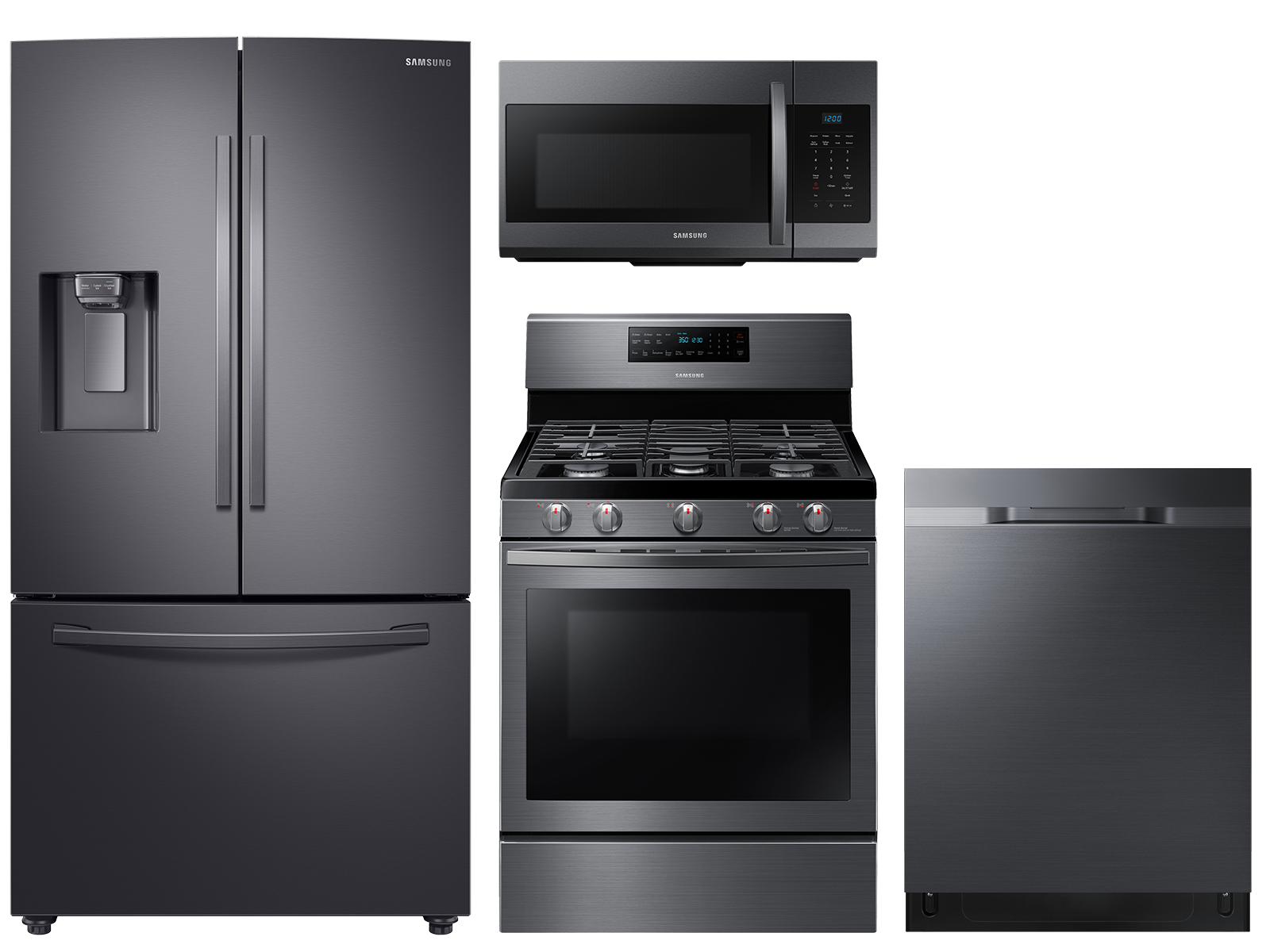 Large Capacity 3-door Refrigerator + Gas Range with Convection + StormWash™ Dishwasher + Microwave in Black Stainless