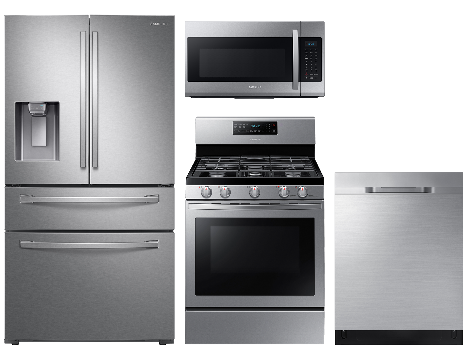 Large Capacity 4-door Refrigerator + Gas Range with Convection + StormWash™ Dishwasher + Microwave in Stainless Steel