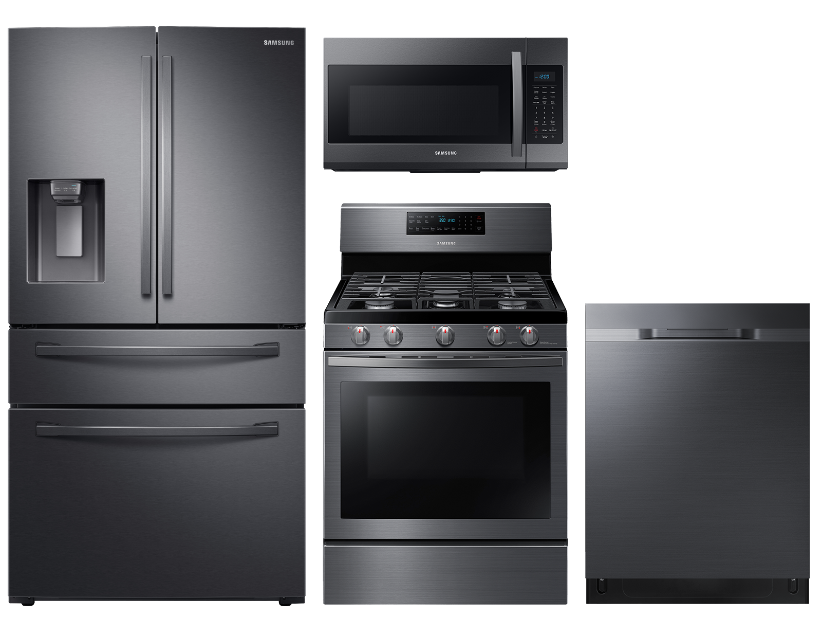 Large Capacity 4-door Refrigerator + Gas Range with Convection + StormWash™ Dishwasher + Microwave in Black Stainless
