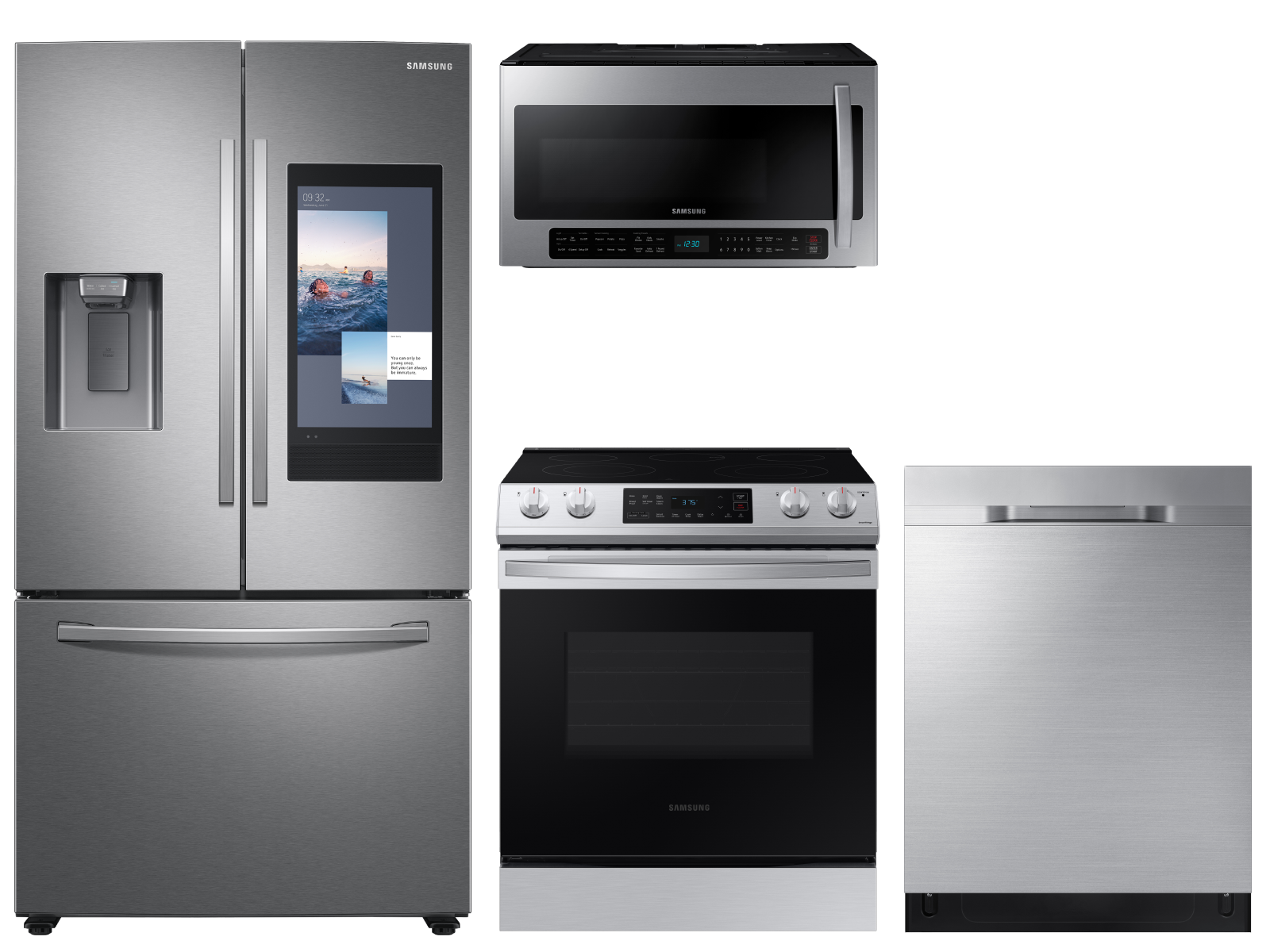 Samsung 3-door Family Hub™ Refrigerator + Slide-in Electric Range with Wi-Fi + StormWash™ Dishwasher + Microwave in Stainless Steel