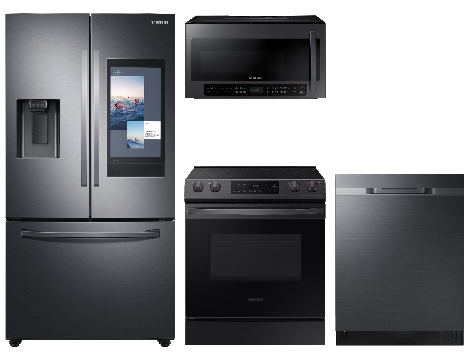 Samsung 3-door Family Hub™ Refrigerator + Slide-in Electric Range with Wi-Fi + StormWash™ Dishwasher + Microwave in Black Stainless